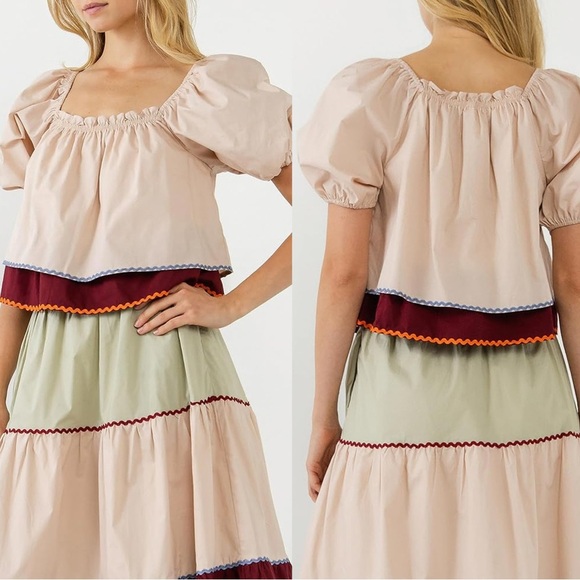 English Factory Tops - NWT English Factory Women's Colorblock Rickrack Trim Puff Sleeve Top Multi